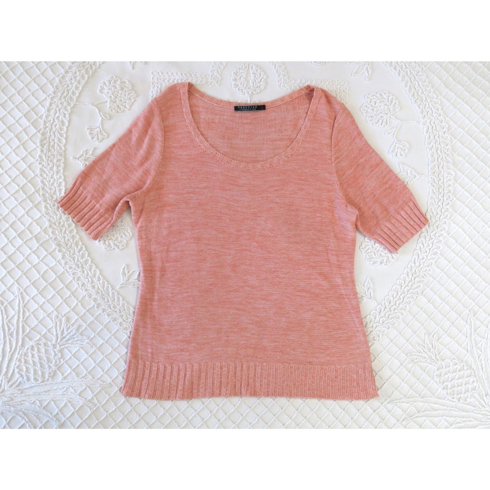 Peruvian Connection Peach Coral Pima Cotton Short Sleeve Knit Sweater Top Large